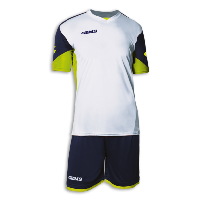 Bielo-tmavomodro-žltý futbalový dres s trenírkami Gems Seattle