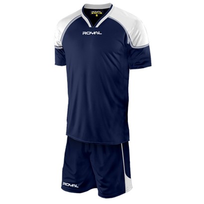 Tmavě modro-bílý fotbalový dres s trenýrkami Royal Micene